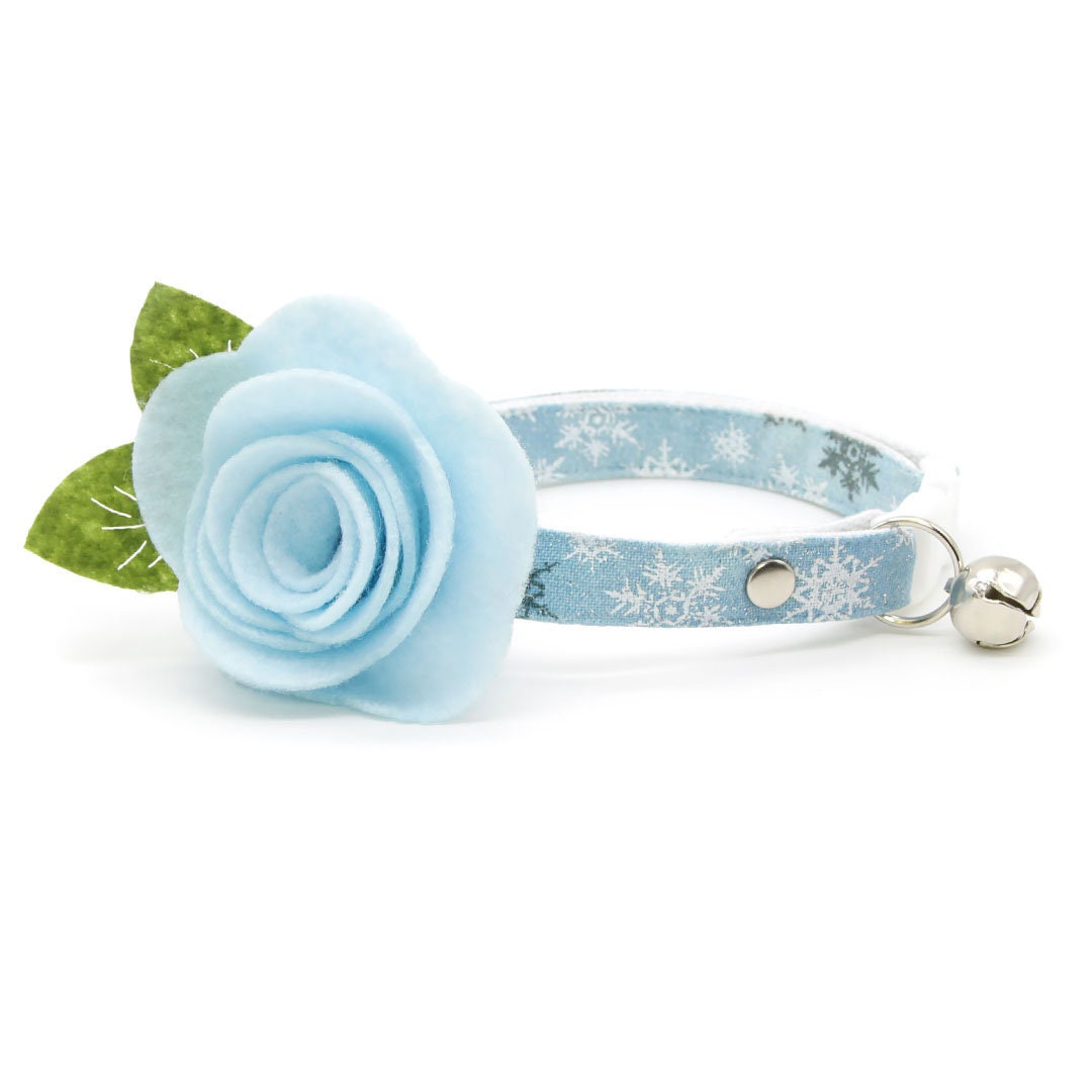 Winter Cat Collar - "Snowflakes - Frosty Blue" - Light Blue Snowflake Cat Collar / Solstice / Breakaway Buckle or Non-Breakaway / Cat, Kitten + Small Dog Sizes