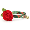 Cat Collar + Flower Set - "Rustic Christmas" - Green Pine, Berries & Poinsettia Cat Collar w/ Scarlet Red Felt Flower (Detachable)
