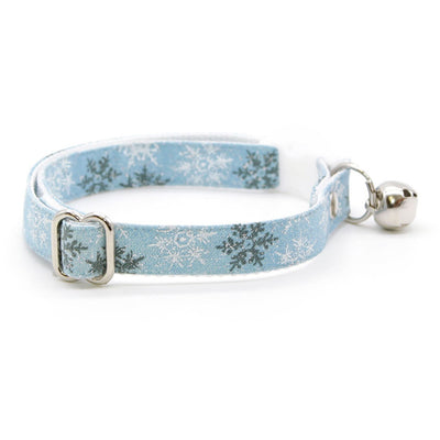 Cat Collar + Flower Set - "Snowflakes - Frosty Blue" - Snowflake Cat Collar w/ Ivory Felt Flower (Detachable)