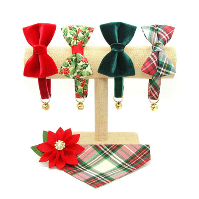 Cat Collar + Flower Set - "Velvet - Hunter Green" - Dark Green Velvet Cat Collar + Specialty Christmas Red Poinsettia Felt Flower (Detachable)