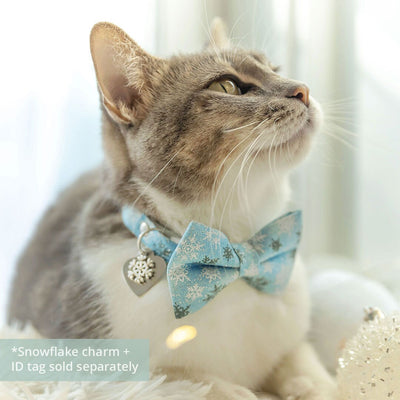 Pet Bow Tie - "Snowflakes - Frosty Blue" - Light Blue Snowflake Cat Bow Tie / Christmas, Winter, Solstice / For Cats + Small Dogs (One Size)