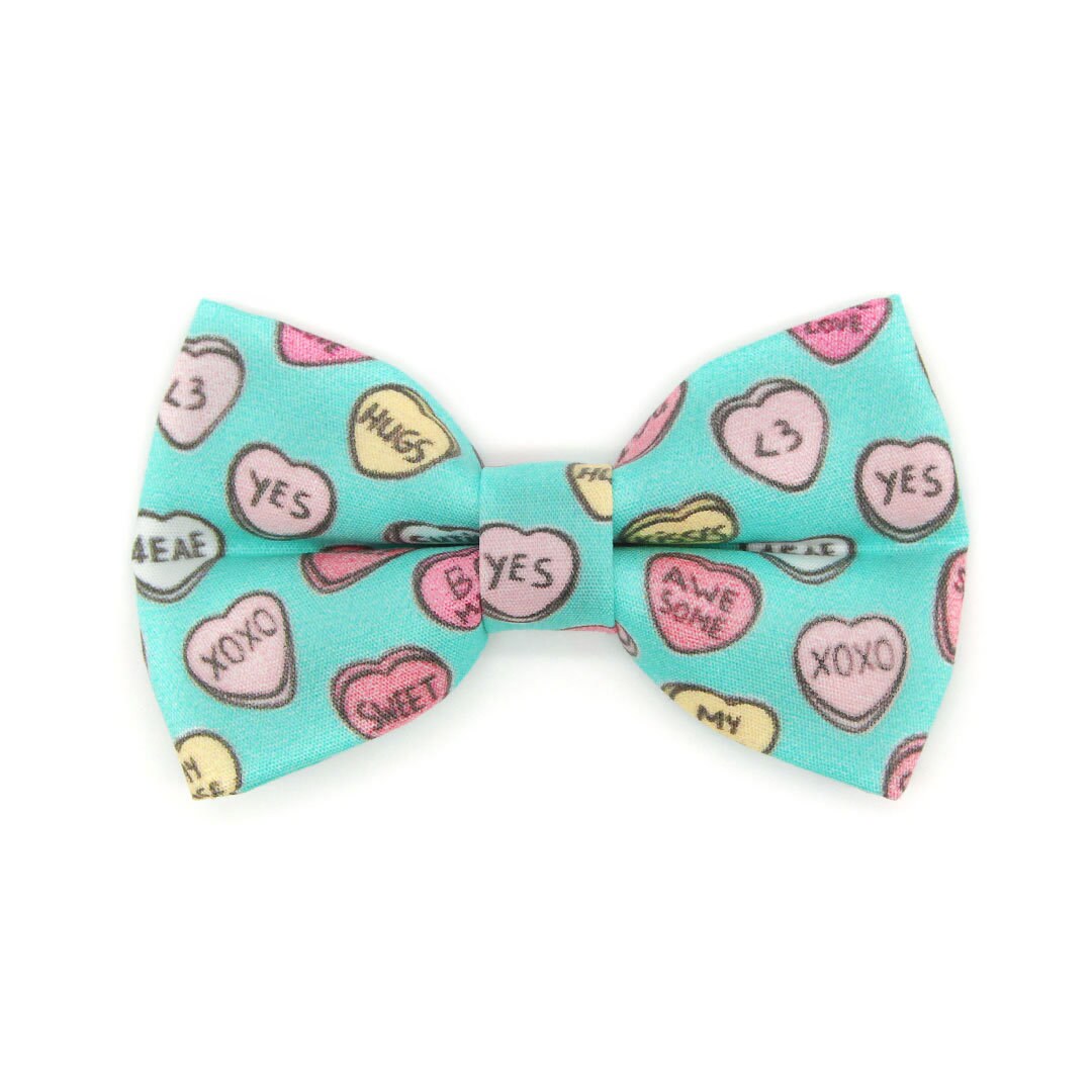 Bow Tie Cat Collar Set - "Conversation Hearts - Mint" - Candy Heart Cat Collar w/ Matching Bowtie / Valentine's Day / Cat, Kitten, Small Dog Sizes