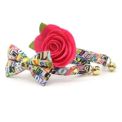 Bow Tie Cat Collar Set - "Love Letters" - Arty 90's Typography Cat Collar w/ Matching Bowtie / Valentine's Day + Pride Month / Cat, Kitten, Small Dog Sizes