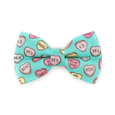 Pet Bow Tie - "Conversation Hearts - Mint" - Candy Heart Sayings Cat Bow Tie / Valentine's Day / For Cats + Small Dogs (One Size)