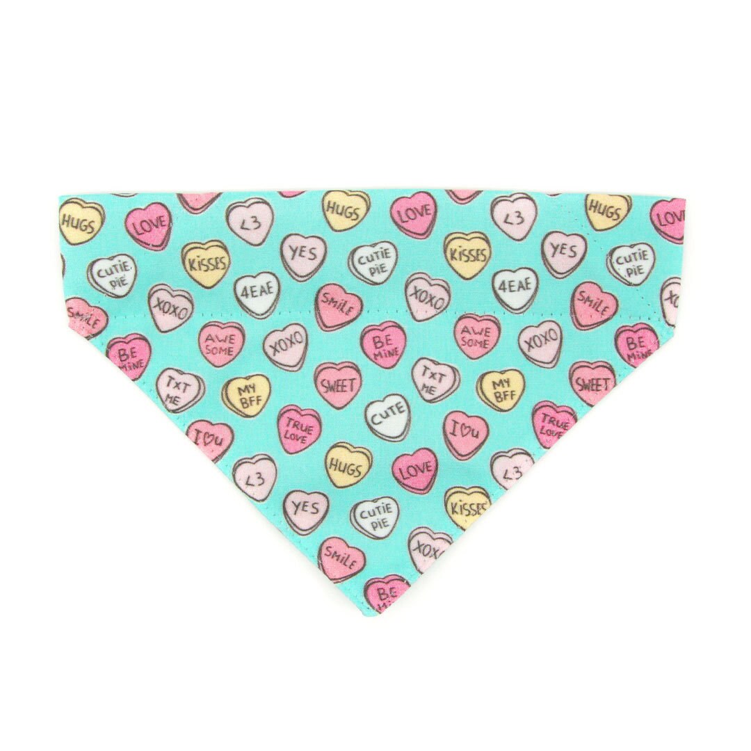 Pet Bandana - "Conversation Hearts - Mint" - Candy Heart Sayings Bandana for Cat + Small Dog / Valentine's Day / Slide-on Bandana / Over-the-Collar (One Size)