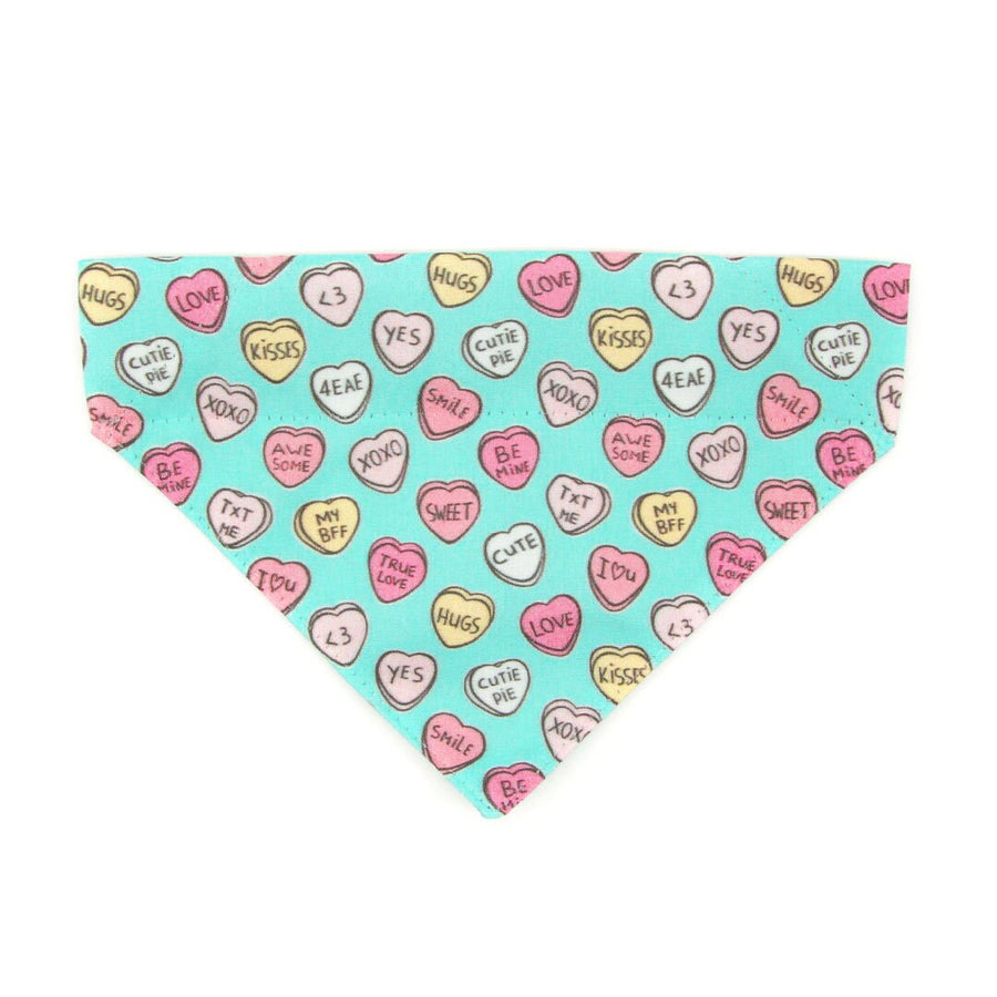 Pet Bandana - "Conversation Hearts - Mint" - Candy Heart Sayings Bandana for Cat + Small Dog / Valentine's Day / Slide-on Bandana / Over-the-Collar (One Size)