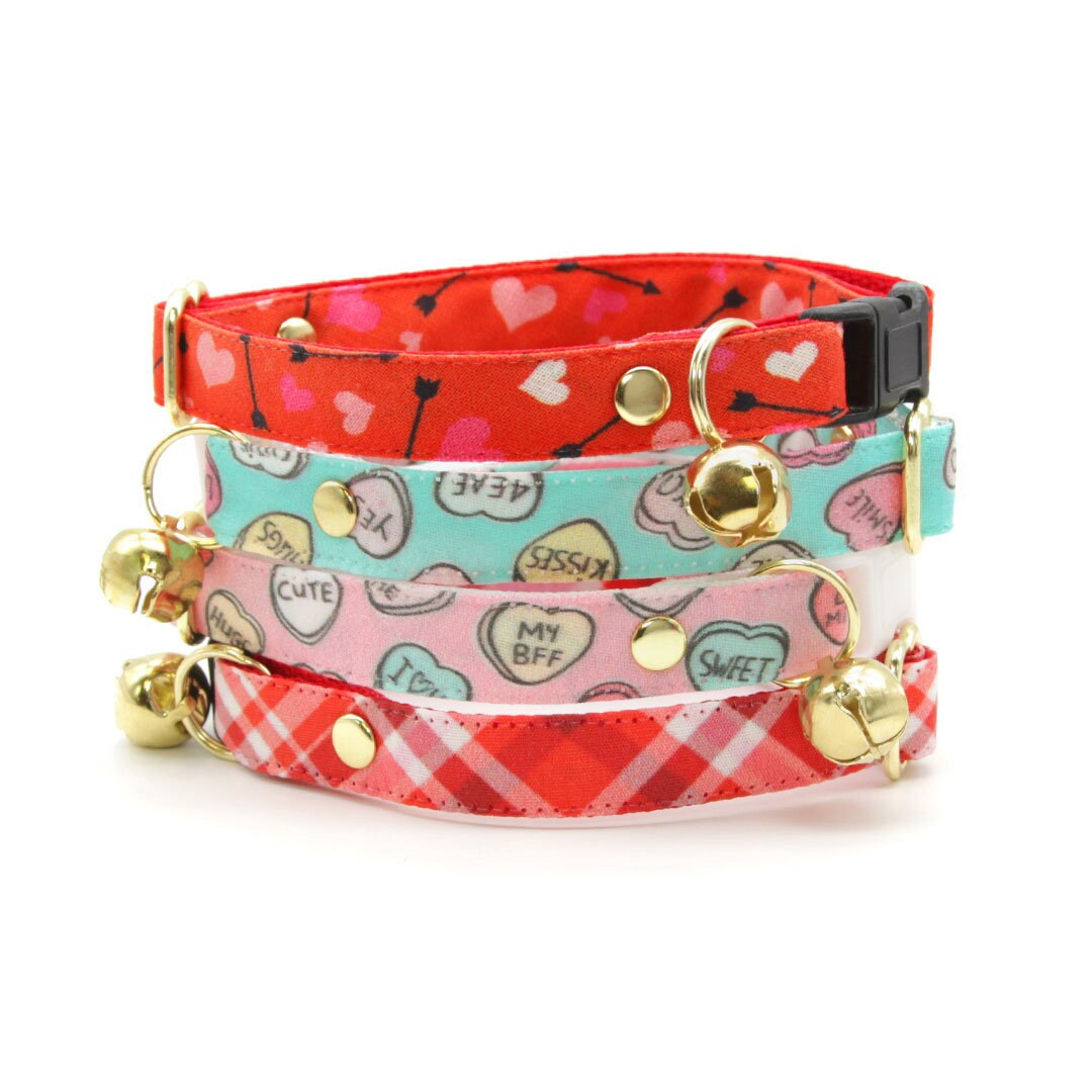 Cat Collar + Flower Set - "Conversation Hearts - Pink" - Valentine's Day Candy Heart Cat Collar w/ Baby Pink Felt Flower (Detachable)