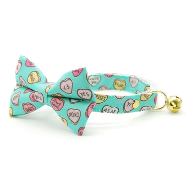 Bow Tie Cat Collar Set - "Conversation Hearts - Mint" - Candy Heart Cat Collar w/ Matching Bowtie / Valentine's Day / Cat, Kitten, Small Dog Sizes