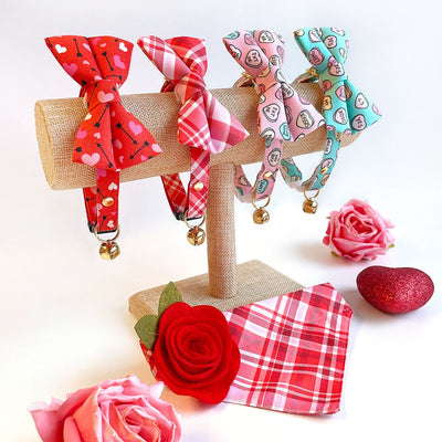 Cat Collar + Flower Set - "Conversation Hearts - Pink" - Valentine's Day Candy Heart Cat Collar w/ Baby Pink Felt Flower (Detachable)