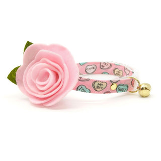 Cat Collar + Flower Set - "Conversation Hearts - Pink" - Valentine's Day Candy Heart Cat Collar w/ Baby Pink Felt Flower (Detachable) - Kitten (6-10) / Breakaway / Gold