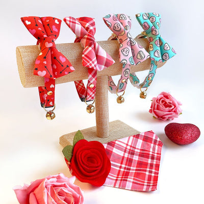 Cat Collar + Flower Set - "Cupid's Arrow" - Valentine's Day Heart Cat Collar w/ Scarlet Red Felt Flower (Detachable)