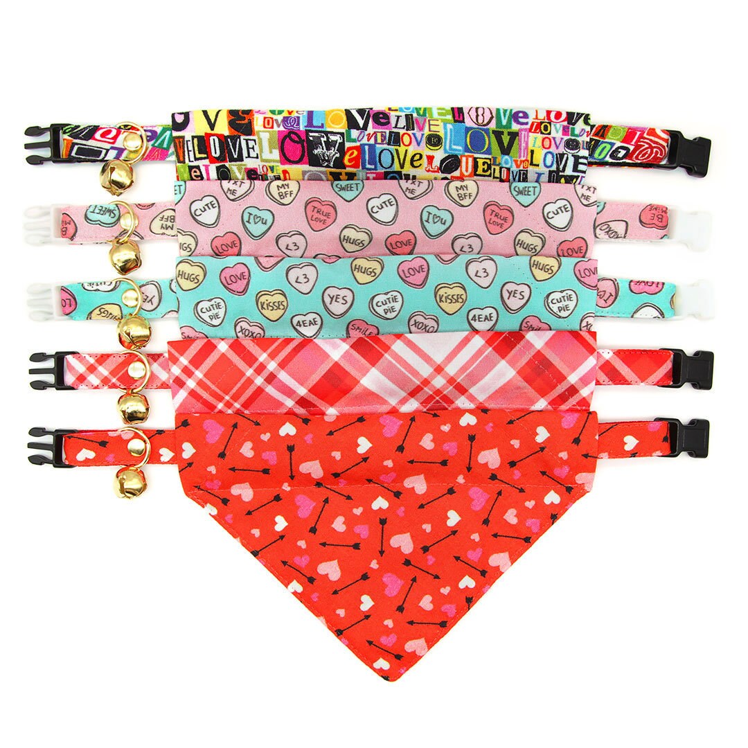 Pet Bandana - "Conversation Hearts - Mint" - Candy Heart Sayings Bandana for Cat + Small Dog / Valentine's Day / Slide-on Bandana / Over-the-Collar (One Size)
