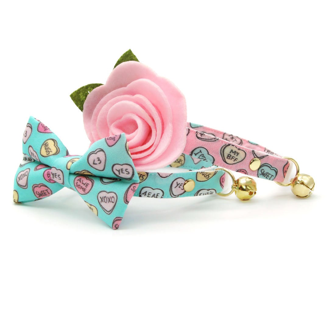 Bow Tie Cat Collar Set - "Conversation Hearts - Mint" - Candy Heart Cat Collar w/ Matching Bowtie / Valentine's Day / Cat, Kitten, Small Dog Sizes