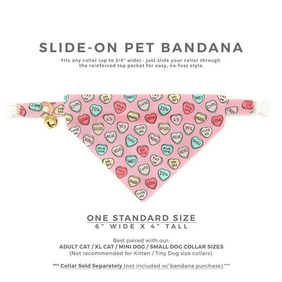 Pet Bandana - "Conversation Hearts - Pink" - Candy Heart Bandana for Cat + Small Dog / Valentine's Day / Slide-on Bandana / Over-the-Collar (One Size)