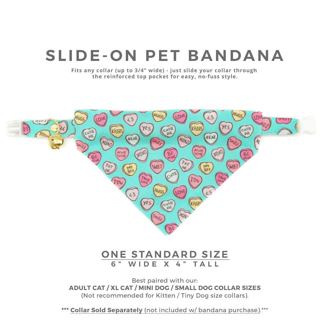 Pet Bandana - "Conversation Hearts - Mint" - Candy Heart Sayings Bandana for Cat + Small Dog / Valentine's Day / Slide-on Bandana / Over-the-Collar (One Size)