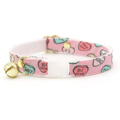 Cat Collar + Flower Set - "Conversation Hearts - Pink" - Valentine's Day Candy Heart Cat Collar w/ Baby Pink Felt Flower (Detachable)
