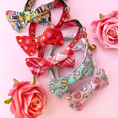 Cat Collar + Flower Set - "Love Letters" - MTV Typography 90's Vibes Cat Collar w/ Fuchsia Pink Felt Flower (Detachable) / Valentine's Day + Pride Month