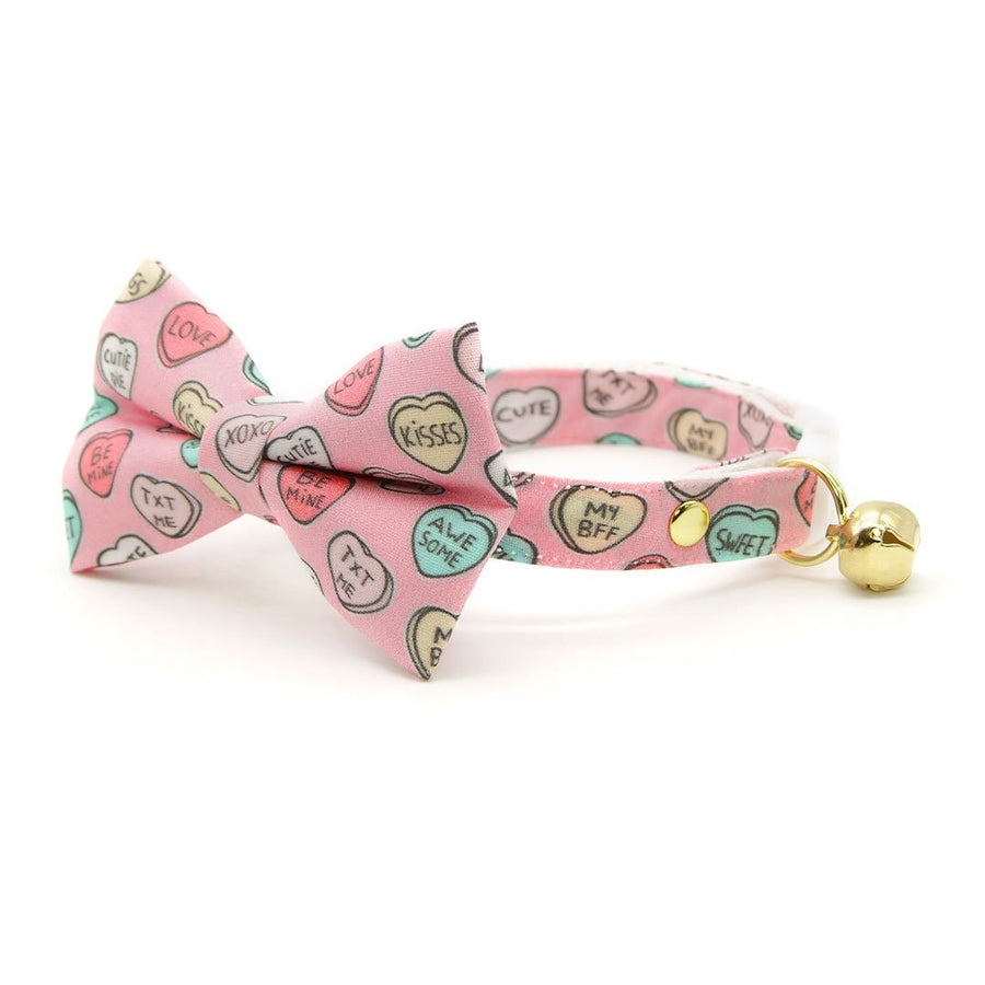 Bow Tie Cat Collar Set - "Conversation Hearts - Pink" - Candy Heart Cat Collar w/ Matching Bowtie / Valentine's Day / Cat, Kitten, Small Dog Sizes