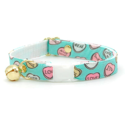 Bow Tie Cat Collar Set - "Conversation Hearts - Mint" - Candy Heart Cat Collar w/ Matching Bowtie / Valentine's Day / Cat, Kitten, Small Dog Sizes
