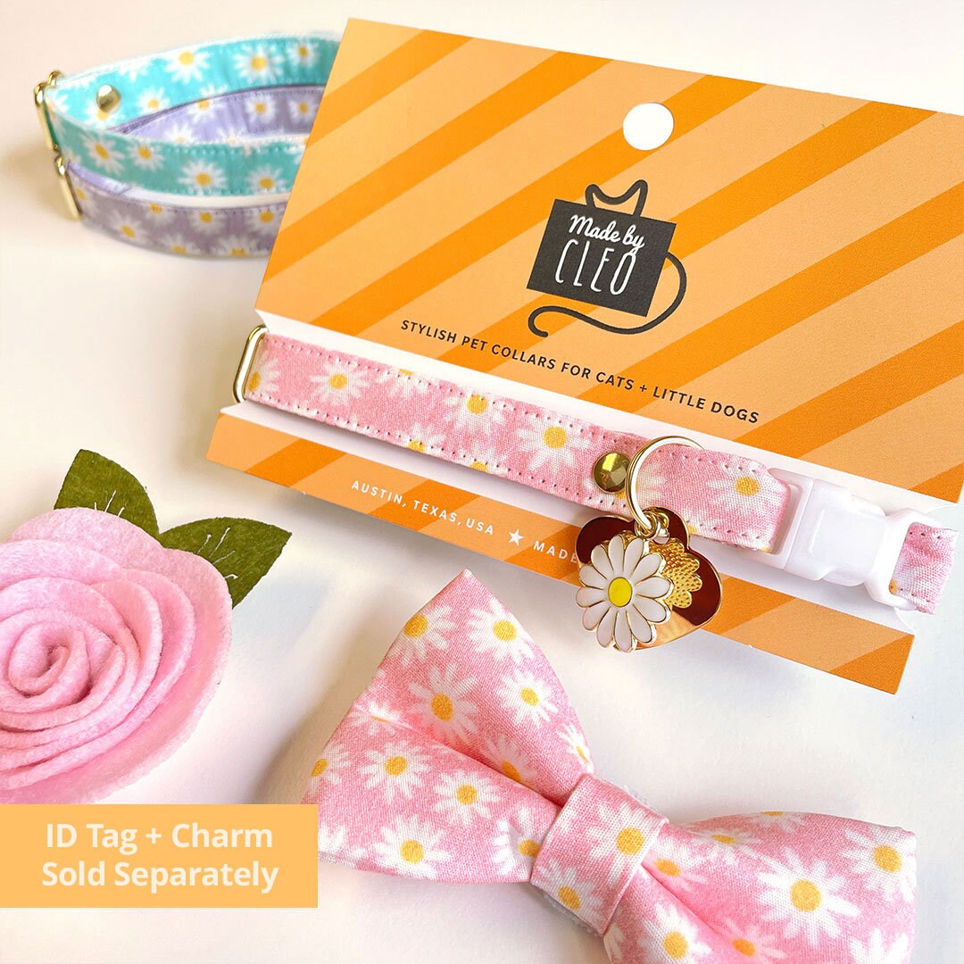 Bow Tie Cat Collar Set - "Daisies - Pink" - Floral Daisy Cat Collar w/ Matching Bowtie / Spring, Summer, Easter, Wedding / Cat, Kitten, Small Dog Sizes