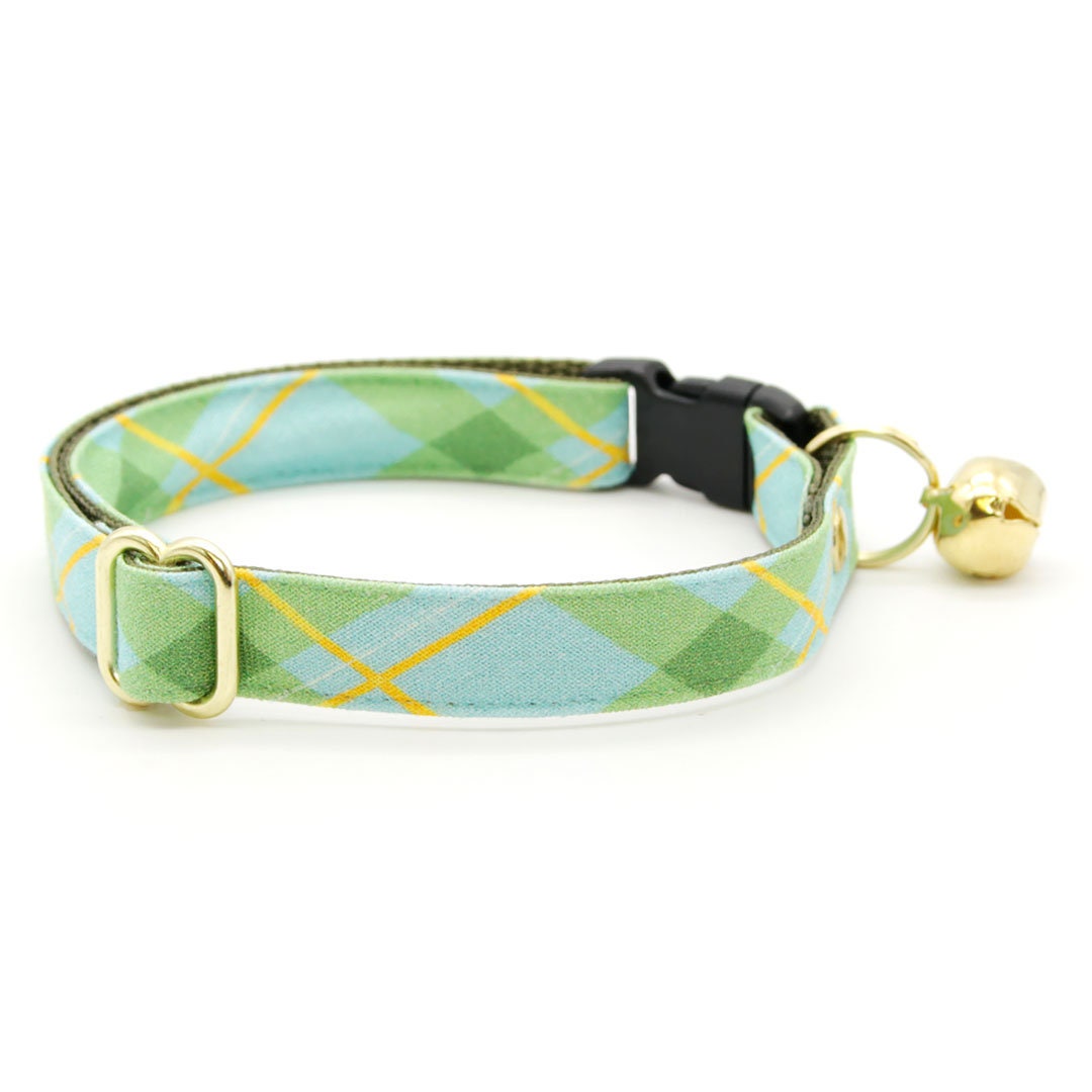 Bow Tie Cat Collar Set - "Carmel" - Mint Green Plaid Cat Collar w/ Matching Bowtie / Spring, Summer, Easter, Wedding / Cat, Kitten, Small Dog Sizes