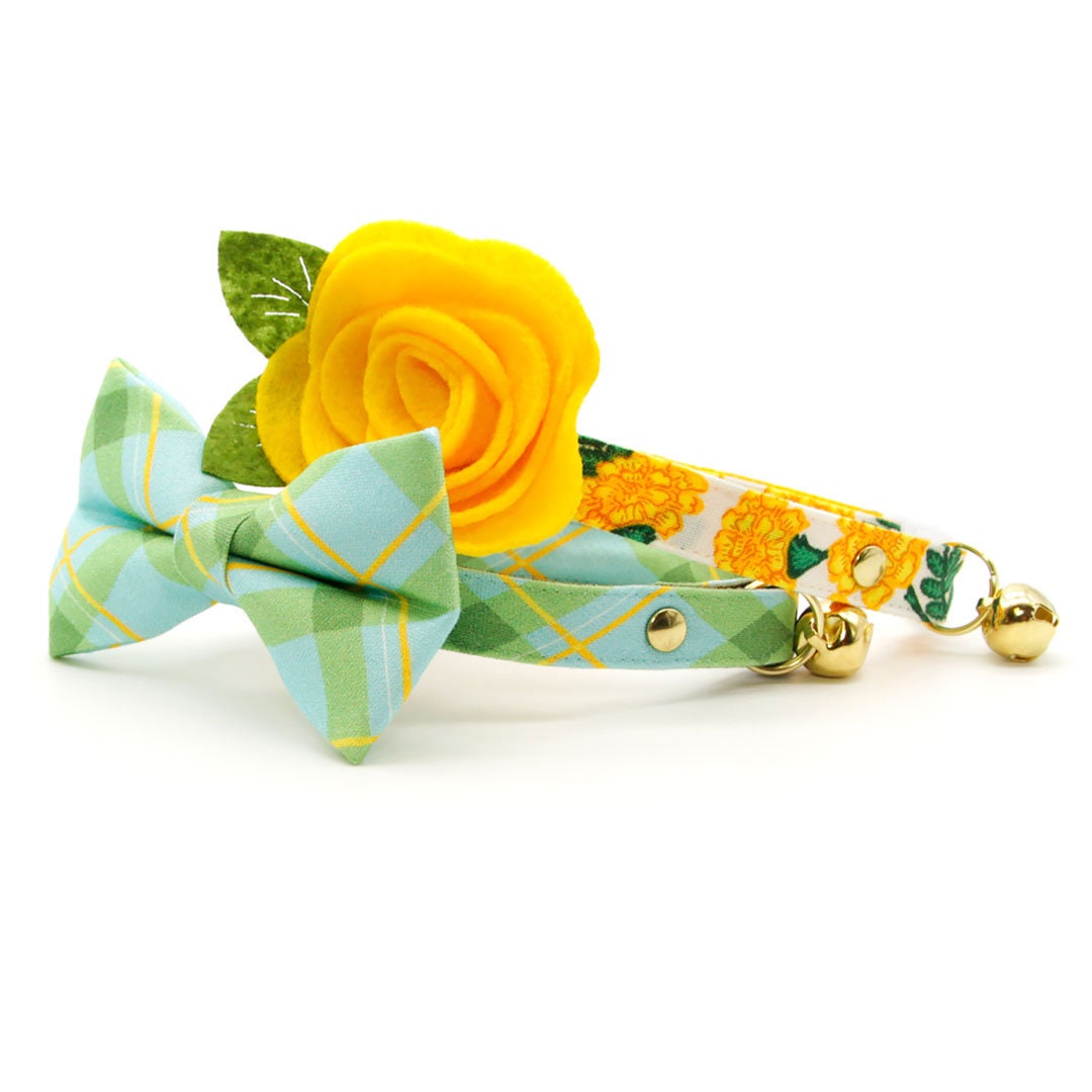 Bow Tie Cat Collar Set - "Carmel" - Mint Green Plaid Cat Collar w/ Matching Bowtie / Spring, Summer, Easter, Wedding / Cat, Kitten, Small Dog Sizes