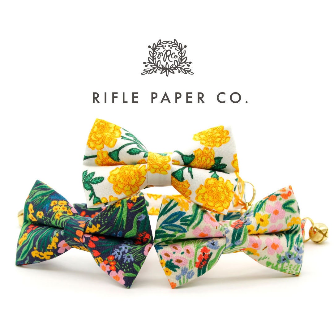 Bow Tie Cat Collar Set - "Fantasia - Day" - Rifle Paper Co® Yellow Floral Cat Collar w/ Matching Bowtie / Spring, Summer, Easter, Wedding / Cat, Kitten, Small Dog Sizes