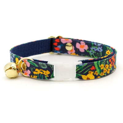 Bow Tie Cat Collar Set - "Fantasia - Night" - Rifle Paper Co® Blue Cat Collar w/ Matching Bowtie / Spring, Summer, Easter, Wedding / Cat, Kitten, Small Dog Sizes