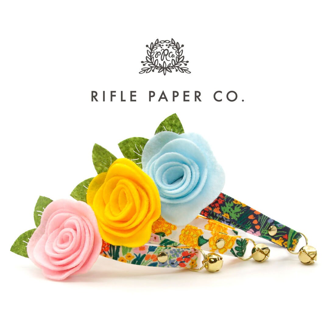 Cat Collar + Flower Set - "Fantasia - Night" - Rifle Paper Co® Floral Cat Collar w/ Sky Blue Felt Flower (Detachable)