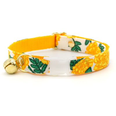 Cat Collar + Flower Set - "Marigold Morning" - Rifle Paper Co® Floral Cat Collar w/ Yellow Felt Flower (Detachable)