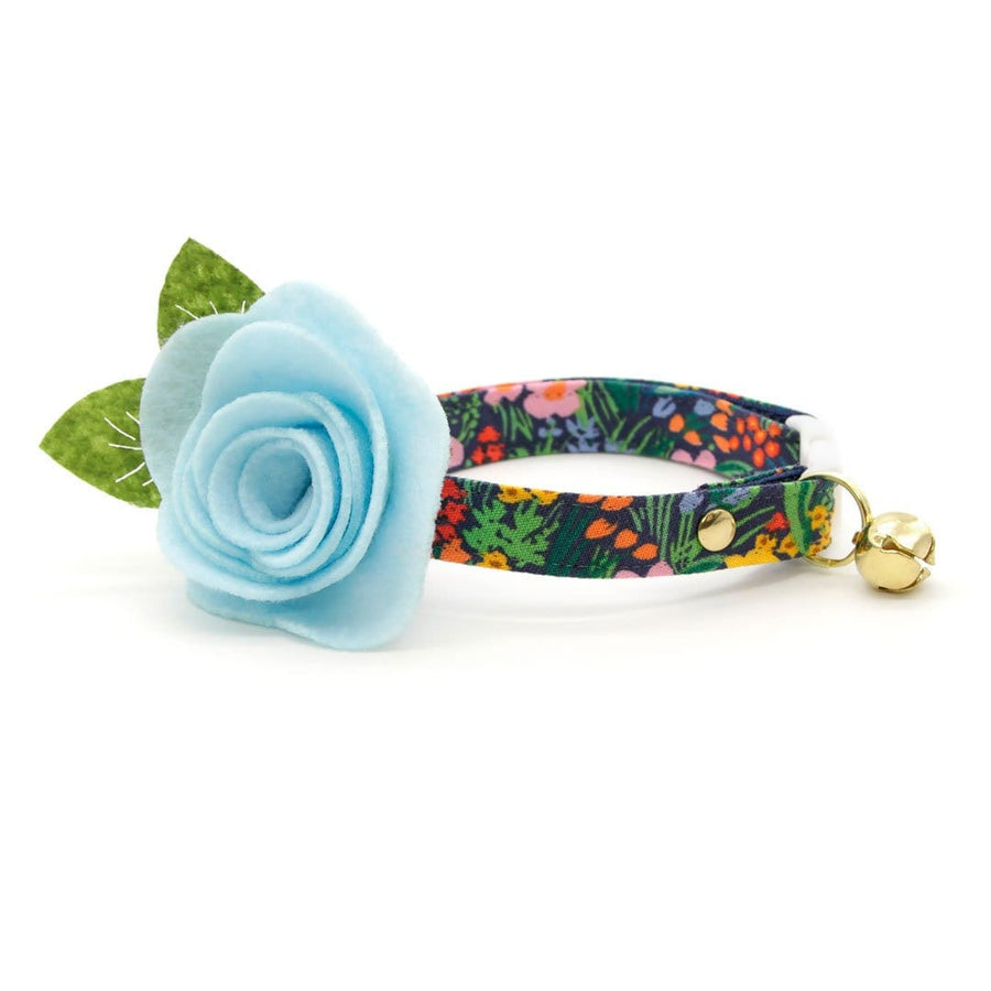 Cat Collar + Flower Set - "Fantasia - Night" - Rifle Paper Co® Floral Cat Collar w/ Sky Blue Felt Flower (Detachable)