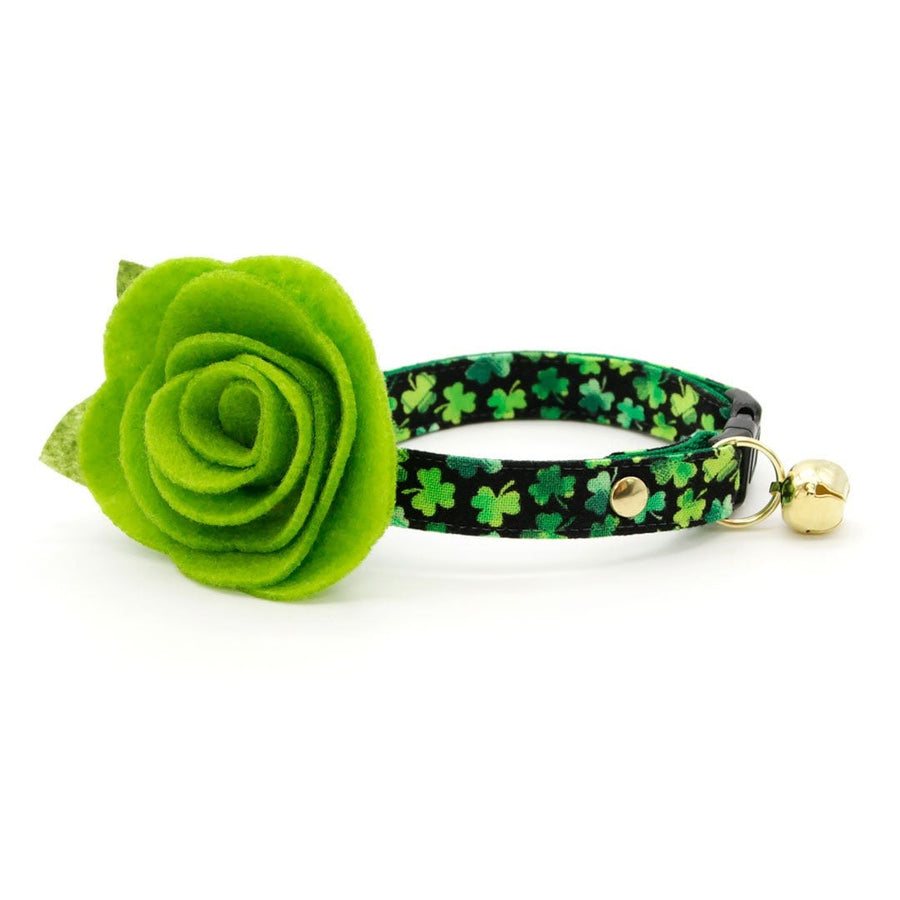 Cat Collar + Flower Set - "Lucky Charmer" - St. Patrick's Day Cat Collar w/ Leaf Green Felt Flower (Detachable)