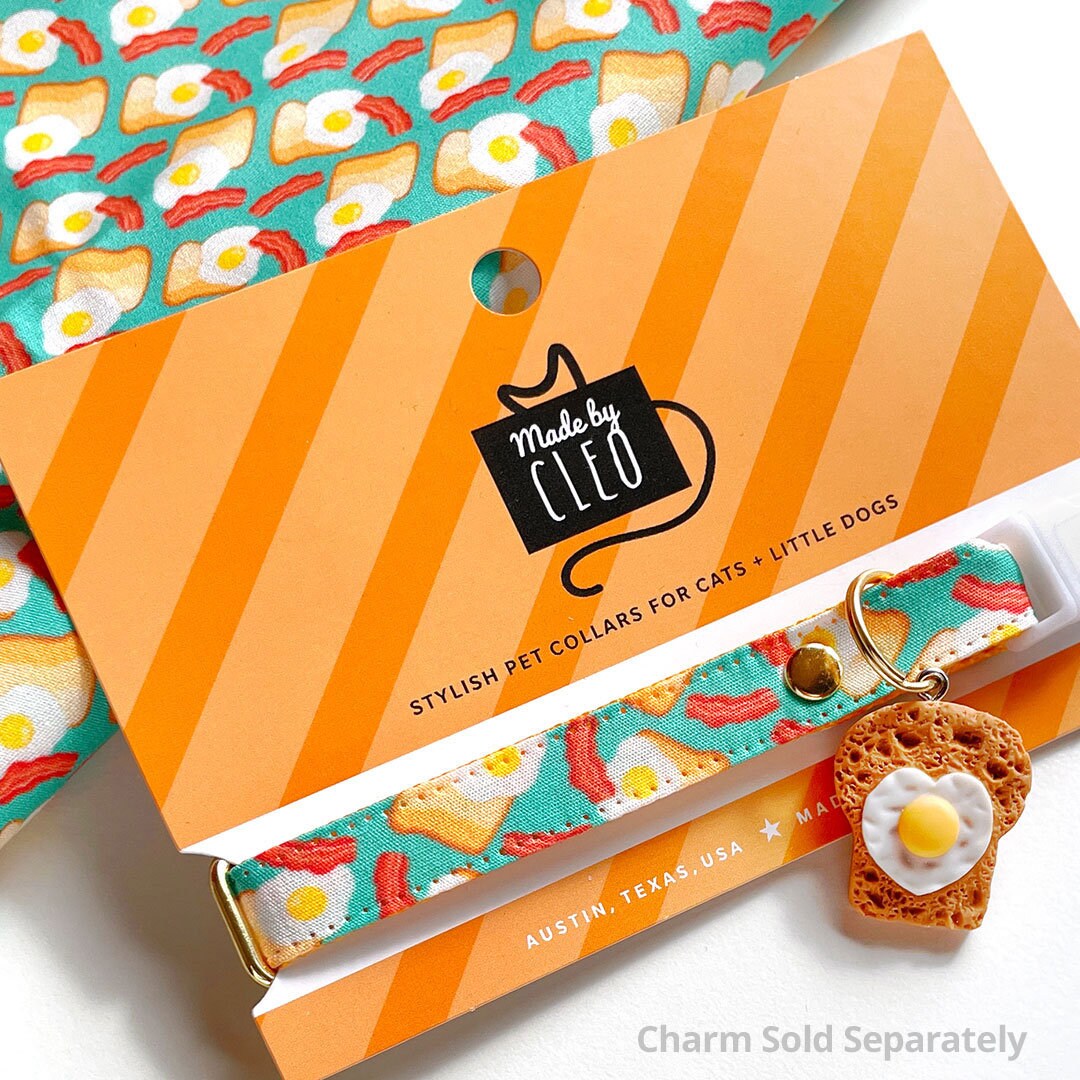 Bow Tie Cat Collar Set - "Breakfast Club" - Bacon, Eggs & Toast Cat Collar w/ Matching Bowtie / Food / Cat, Kitten, Small Dog Sizes