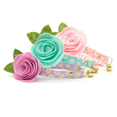 Cat Collar + Flower Set - "Daisies - Pink" - Floral Daisy Cat Collar w/ Baby Pink Felt Flower (Detachable)