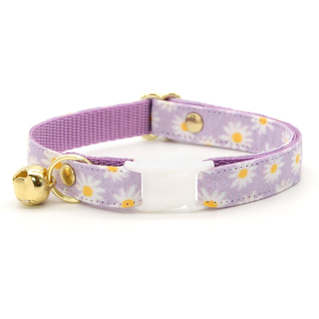 Cat Collar + Flower Set - "Daisies - Purple" - Floral Daisy Cat Collar w/ Lavender Felt Flower (Detachable)