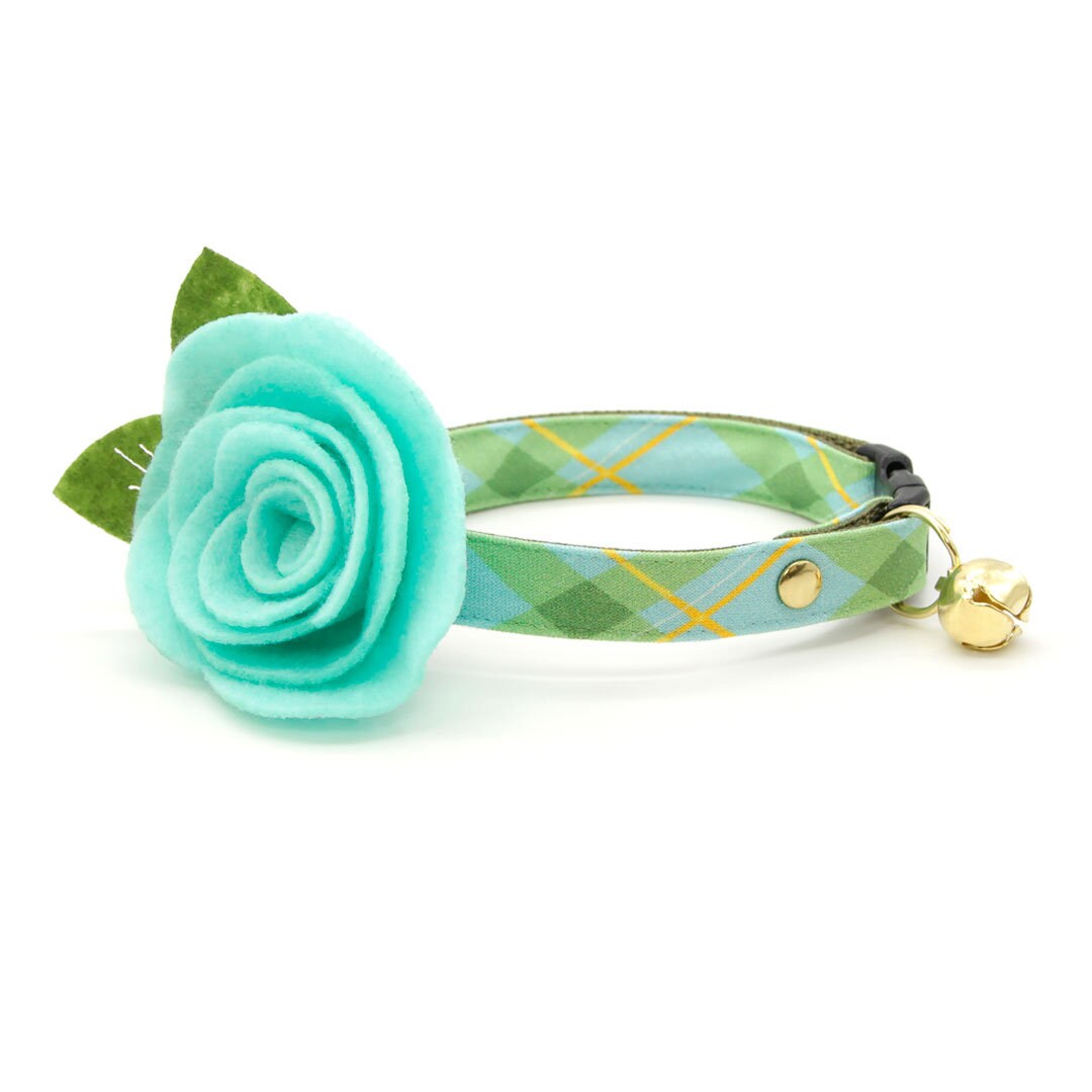 Cat Collar - "Carmel" - Mint Green Plaid Cat Collar / Spring, Easter, Summer / Breakaway Buckle or Non-Breakaway / Cat, Kitten + Small Dog Sizes