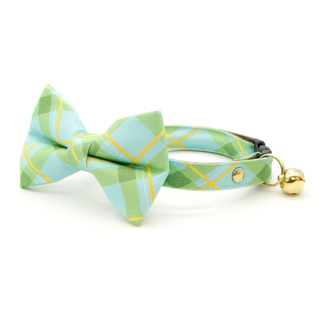 Cat Collar - "Carmel" - Mint Green Plaid Cat Collar / Spring, Easter, Summer / Breakaway Buckle or Non-Breakaway / Cat, Kitten + Small Dog Sizes