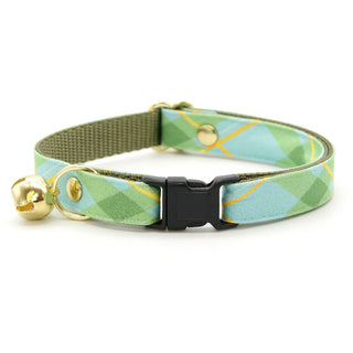 Cat Collar - "Carmel" - Mint Green Plaid Cat Collar / Spring, Easter, Summer / Breakaway Buckle or Non-Breakaway / Cat, Kitten + Small Dog Sizes - Kitten (6-10) / Breakaway / Gold