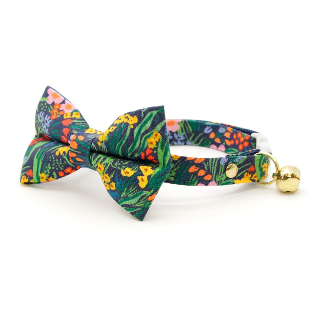 Cat Collar - "Fantasia - Night" - Rifle Paper Co® Blue Floral Cat Collar / Spring, Easter, Summer / Breakaway Buckle or Non-Breakaway / Cat, Kitten + Small Dog Sizes