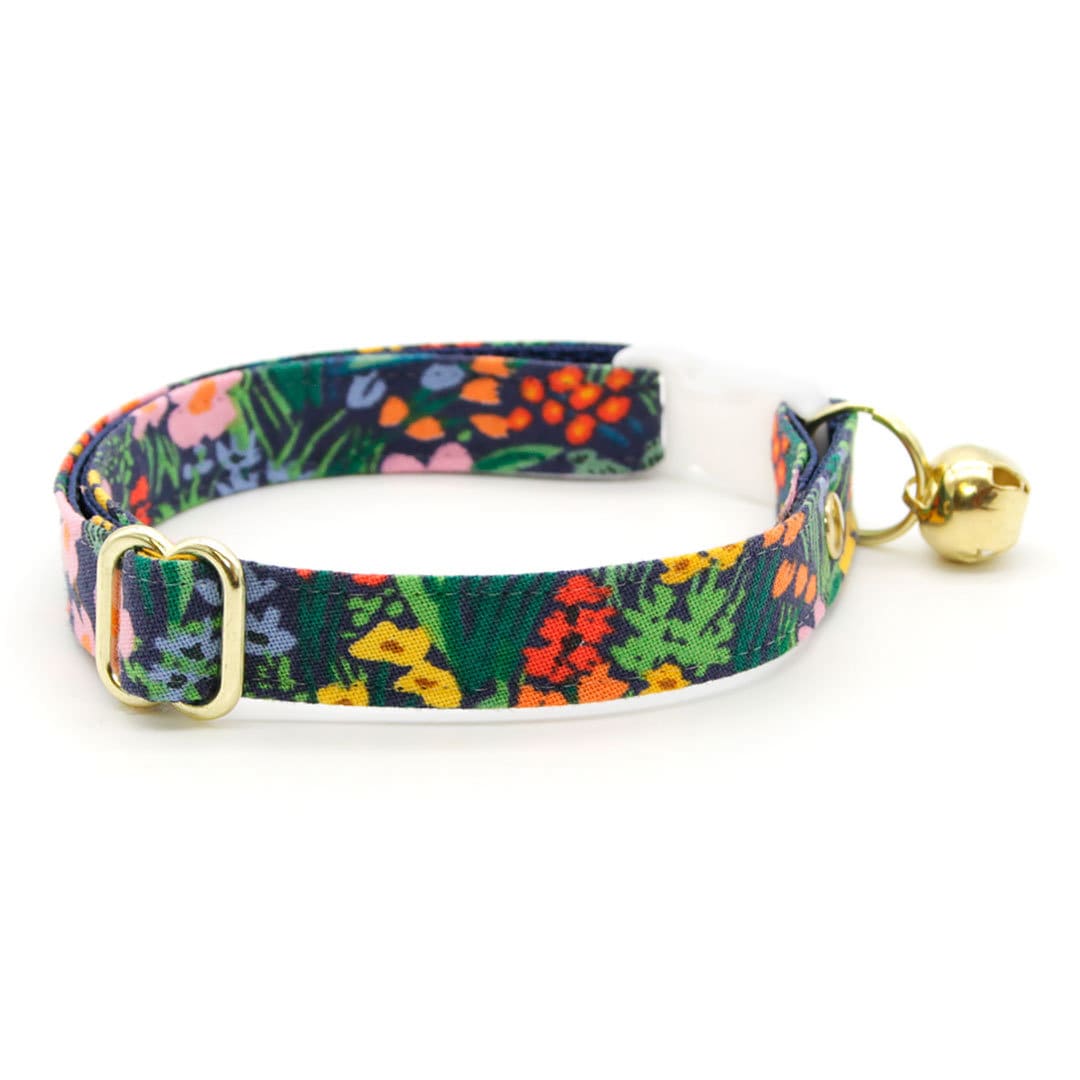 Cat Collar + Flower Set - "Fantasia - Night" - Rifle Paper Co® Floral Cat Collar w/ Sky Blue Felt Flower (Detachable)