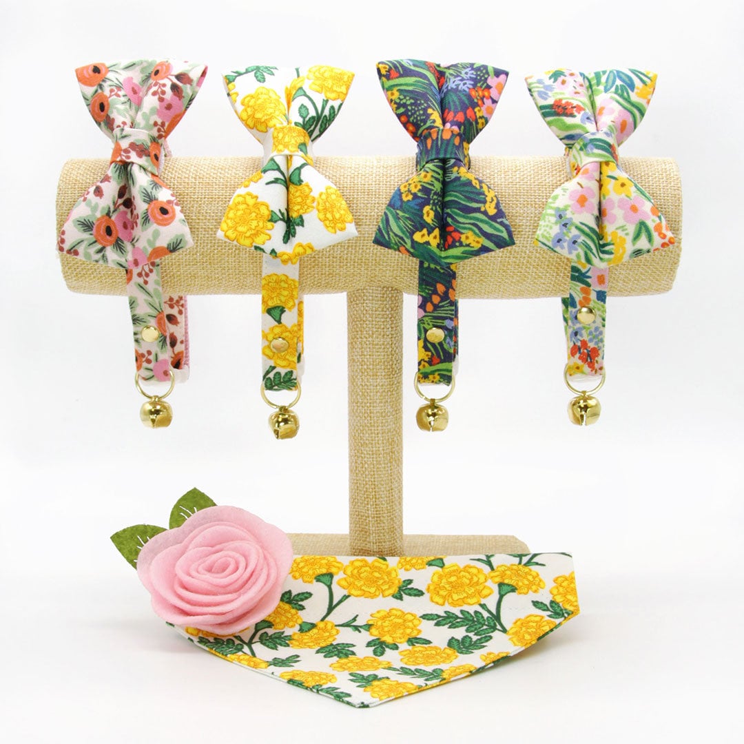 Cat Collar + Flower Set - "Fantasia - Day" - Rifle Paper Co® Floral Cat Collar w/ Baby Pink Felt Flower (Detachable)