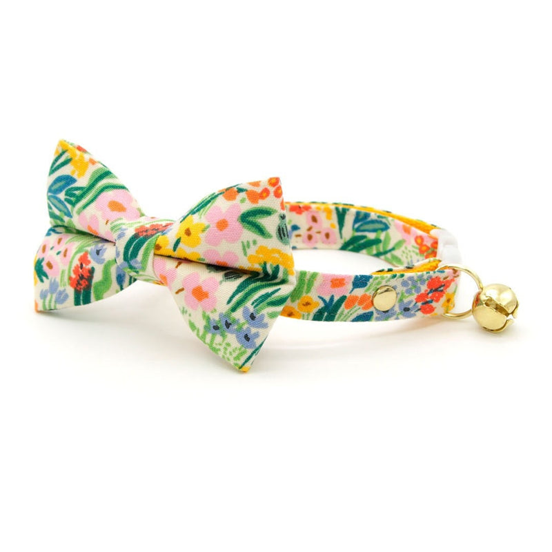 Bow Tie Cat Collar Set - "Fantasia - Day" - Rifle Paper Co® Yellow Floral Cat Collar w/ Matching Bowtie / Spring, Summer, Easter, Wedding / Cat, Kitten, Small Dog Sizes