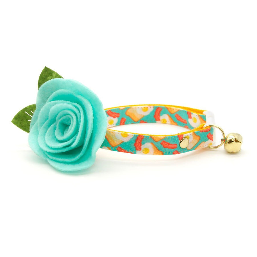 Cat Collar + Flower Set - "Breakfast Club" - Bacon, Eggs & Toast Cat Collar w/ Mint Felt Flower (Detachable)