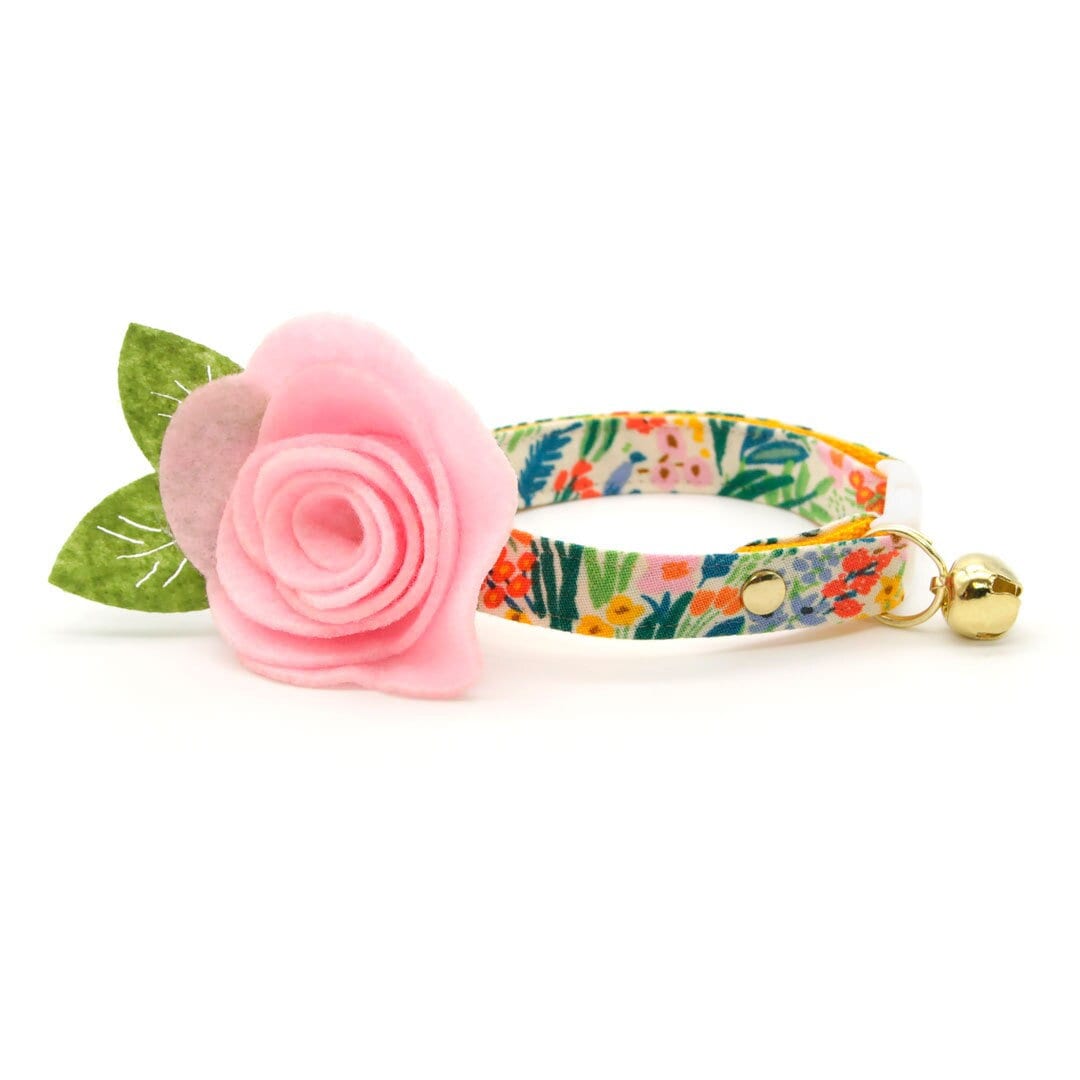 Cat Collar + Flower Set - "Fantasia - Day" - Rifle Paper Co® Floral Cat Collar w/ Baby Pink Felt Flower (Detachable)