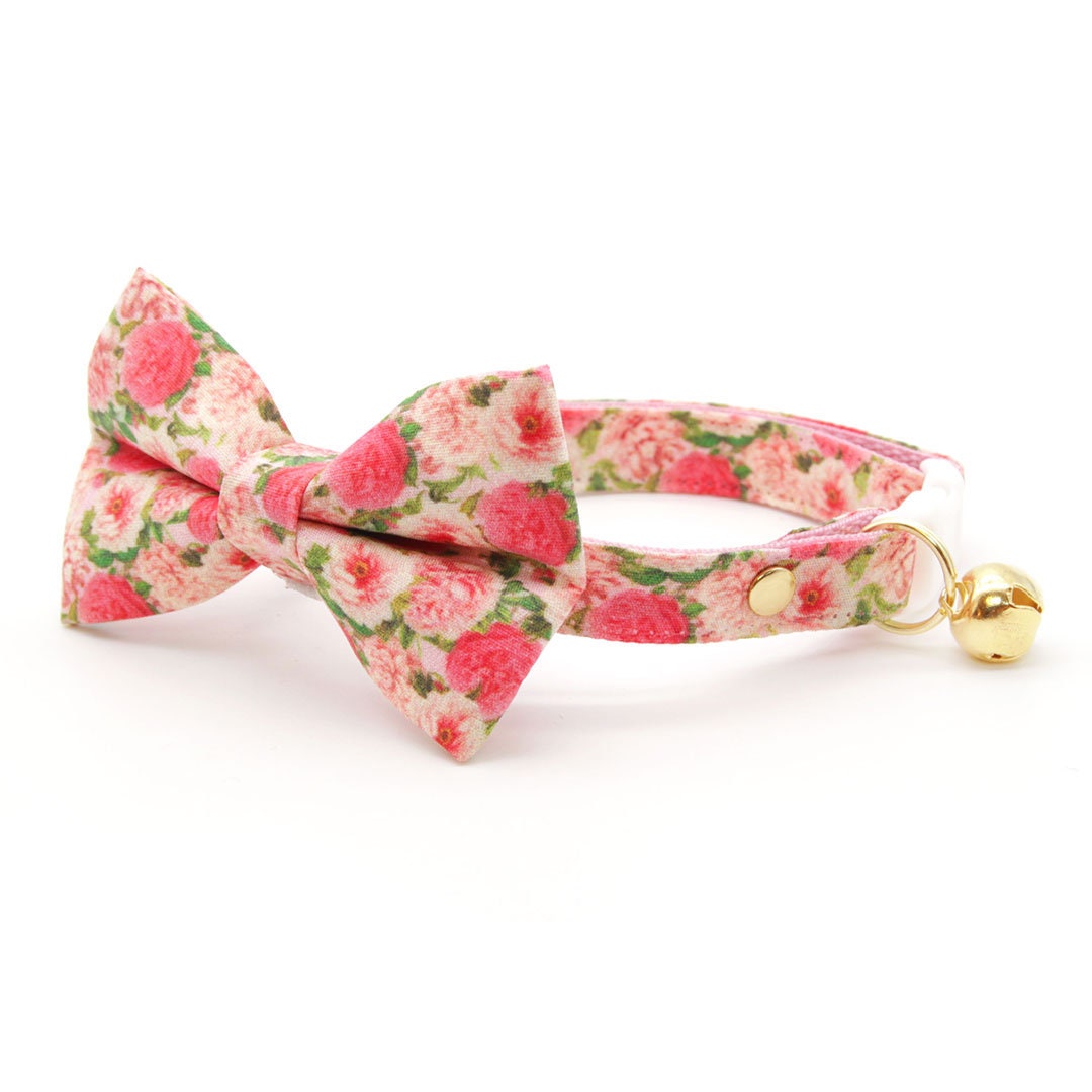 Bow Tie Cat Collar Set - "Pretty in Peony - Pink" - Peonies Cat Collar w/ Matching Bow / Floral, Spring, Summer, Wedding / Cat, Kitten, Small Dog Sizes