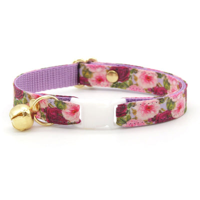 Cat Collar + Flower Set - "Pretty in Peony - Purple" - Peonies Cat Collar w/ Plum Felt Flower (Detachable)
