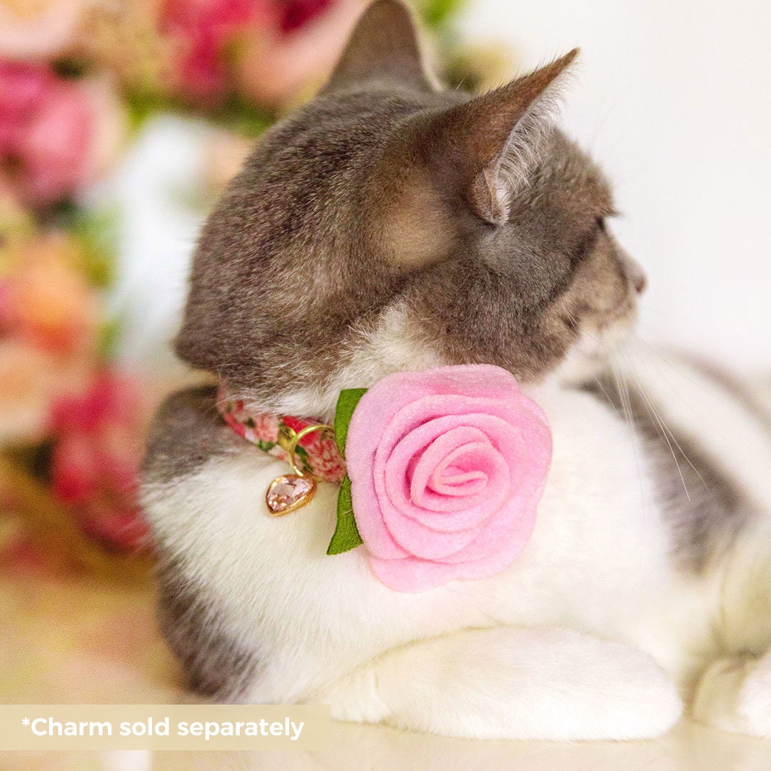 Cat Collar + Flower Set - "Pretty in Peony - Pink" - Peonies Cat Collar w/ Baby Pink Felt Flower (Detachable)
