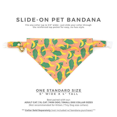 Pet Bandana - "Going Bananas - Coral Pink" - Tropical Fruit Bandana for Cat + Small Dog / Slide-on Bandana / Over-the-Collar (One Size)