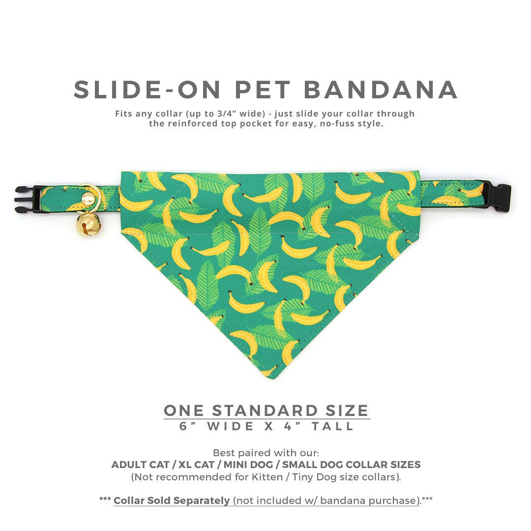 Pet Bandana - "Going Bananas - Green" - Tropical Fruit Bandana for Cat + Small Dog / Slide-on Bandana / Over-the-Collar (One Size)