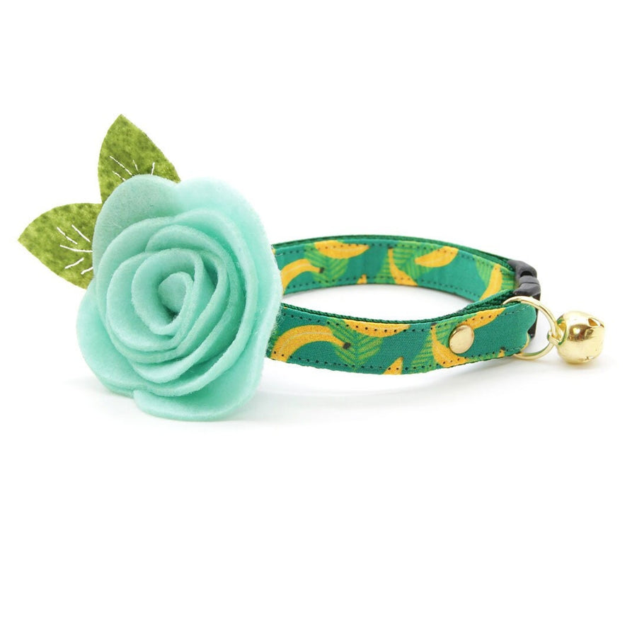 Cat Collar + Flower Set - "Going Bananas - Green" - Tropical Banana Cat Collar w/ Mint Felt Flower (Detachable)